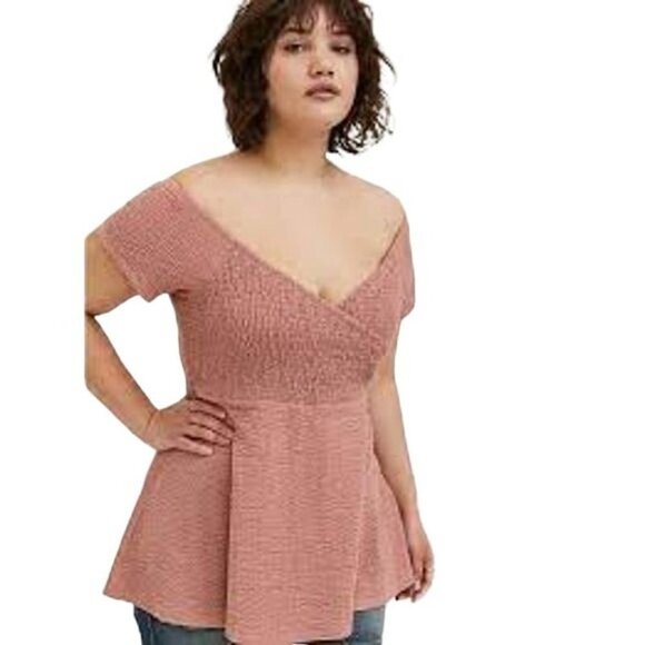 Torrid Dusty Pink Textured Smocked Off Shoulder Babydoll Top CrissCross Surplice - Picture 1 of 13
